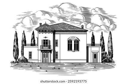 Italian or French villa from riviera. Mediterranean landscape for wine label with vineyards and cypress tree. Old building drawing in traditional pen and ink engraved style. South houses for bottle