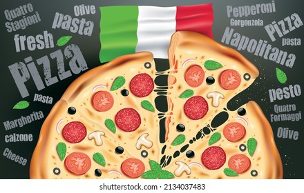 Italian fresh Pizza with tomatoes, olives, mushrooms on black background	
