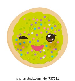 Italian Freshly baked biscuit with green frosting and colorful sprinkles. Kawaii Frosted sugar cookies, Bright colors on white background. Vector