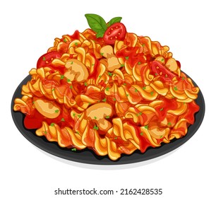 Italian fusilli pasta noodles with mushroom and tomato. Italian noodles food recipes. Healthy pasta spaghetti noodles menu close up illustration vector.