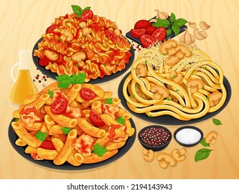 Italian fusilli pasta noodles with mushroom and tomato. Mushroom pasta noodles with cheese.Healthy penne pasta spaghetti noodles menu banner. Famous italian pasta set menu banner illustration vector.
