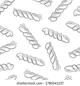 Italian Fusilli pasta, seamless background. Drawing engraving, ink, line art. Traditions of Italian cuisine. For menu design, packaging, interior etc. Vector drawing isolated on a white background.