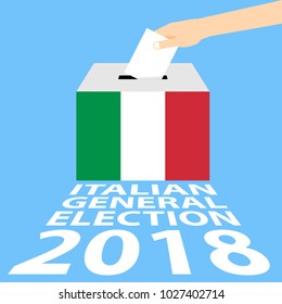 Italian General Election 2018 Vector Illustration Flat Style - Hand Putting Voting Paper In The Ballot Box