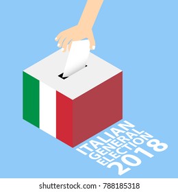 Italian General Election 2018 Vector Illustration Flat Style - Hand Putting Voting Paper In The Ballot Box