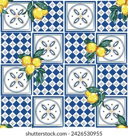 Italian Geometric tiles with Lemons and Ceramic Tiles, Amalfi Coast Inspired Seamless pattern Illustration Vector Mediterranean Italy Style