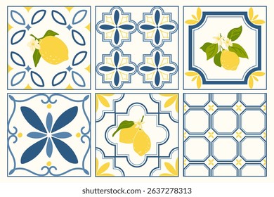Italian geometric white and blue tiles with lemons. Summer pattern of the Amalfi Coast. Sketch of a poster in the dolce vita style