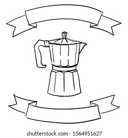 Italian geyser coffee maker with a decorative ribbon. Place for text. Vector hand-drawn illustration