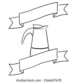 Italian geyser coffee maker with a decorative ribbon. Place for text. Vector hand-drawn illustration