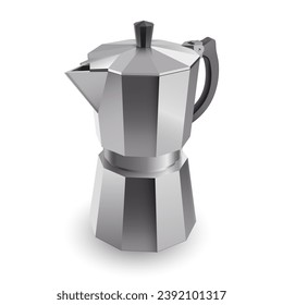 Italian geyser-style coffee maker, also known as a Moka pot, displayed against a white background. An illustration of the coffee pot used for brewing espresso coffee, isolated on a white backdrop