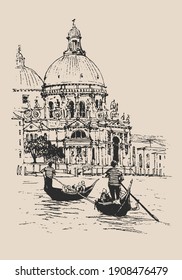 Italian gondolas and gondoliers in Venice. Liner sketches architecture of Italy Venice. Vector illustration in retro style. Travel sketch. Background colors kraft paper. Hand drawn travel postcard.