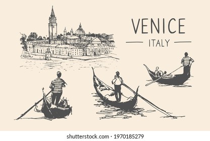 Italian gondolas and gondoliers in Venice. Vector Set of Venice sketch. Liner sketch of gondoliers. Graphic illustration. Sketch in black color isolated on beige background. Hand drawn travel sketch. 