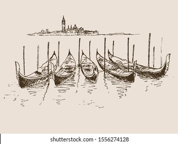 Italian gondolas in Venice. Hand drawn sketch