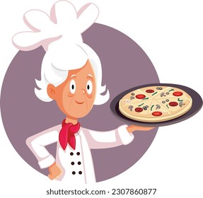 
Abuela italiana cocinando una deliciosa ilustración de un vector de pizza. Chef de alto nivel que sirve un plato mediterráneo
