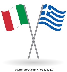 Italian and Greek crossed flags. Italy combined with Greece isolated on white. Language learning, international business or travel concept.