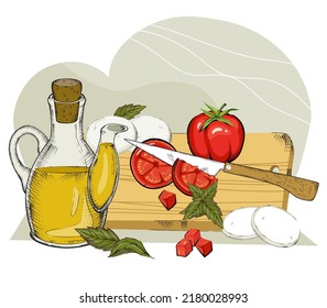 Italian or Greek food cuisine banner with tomatoes and olive oil, hand drawn vector illustration isolated on white. Salad with mozzarella or feta cheese, tomato and olive oil of mediterranean cuisine.