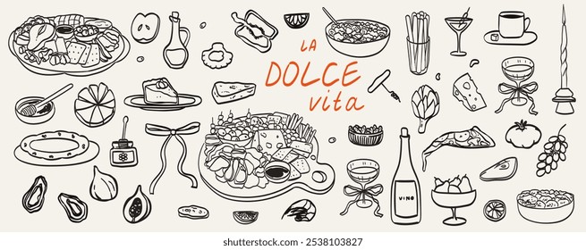 Italiano, grego estilo mesa com diferentes snacks perfeito para vinho e bebida. Desenho de casamento com comida e vinho no estilo de esboço dolce vita. Ilustração vetorial para a arte da parede da cozinha e menu