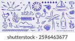 Italian or greek style vacation hand drawn vector illustrations in grunge scribble rough doodle sketch style elements. Lemon, palm tree vacation in chalk charcoal style. Drawings for poster, placard.