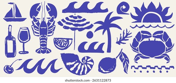 Italian greek style vacation hand drawn vector illustrations in grunge scribble rough doodle sketch style elements. Wave, surf, palm tree vacation in chalk charcoal style. Drawings for poster, placard