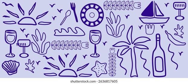 Italian or greek style vacation hand drawn vector illustrations in grunge scribble rough doodle sketch style elements. Lemon, palm tree vacation in chalk charcoal style. Drawings for poster, placard