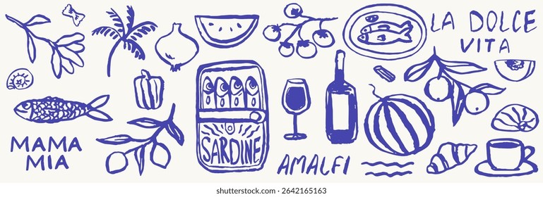 Italian or greek style vacation hand drawn vector illustrations in grunge chalk or charcoal rough doodle sketch style. Summer vacation elements in ink simple style drawings for poster, placard print.