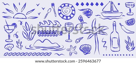 Italian or greek style vacation hand drawn vector illustrations in grunge scribble rough doodle sketch style elements. Lemon, palm tree vacation in chalk charcoal style. Drawings for poster, placard.
