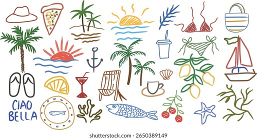 Italiano ou grego férias de verão ícones coloridos em estilo de esboço de giz de grunge desenhado à mão. As garatujas de férias de verão em tinta de carvão para cartaz na moda, cartaz de viagem, impressão retro, boho vibe branding.