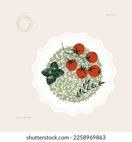 Italian green risotto decorated with tomatoes and basil. Traditional food. Vector illustration