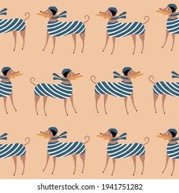 Italian Greyhound In A Blue Beret And Striped Vest. Funny Dog Seamless Pattern.