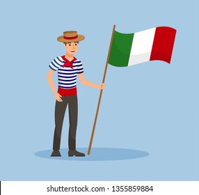 Italian Guy with National Flag Vector Illustration. Young Man in Striped T shirt Cartoon Character. Gondolier in Traditional Clothes. Travel to Europe, Vacation Isolated Design element