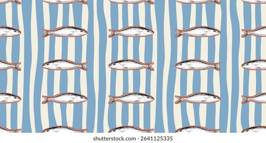 Italian halftone sardine seamless pattern with vintage fish illustration and wavy blue stripes. Nautical Mediterranean seafood design for fabric, wallpaper, packaging, or kitchen decor.