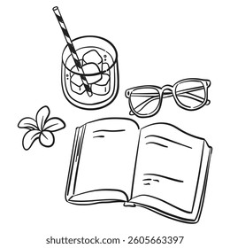 Italian hand drawn summer illustration with cocktail, book, sunglasses. Sea voyage weekend or vacation. Drawing in sketch style.Dolce vita doodle for print, party, invitation.	