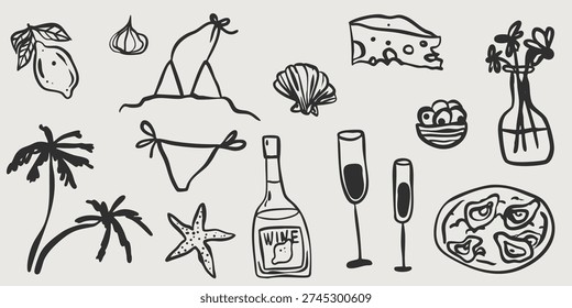 Italian hand drawn vector doodle sketch cafe food illustration set. Summer dinner menu ingredients in minimalist style. Line restaurant vintage retro drawing set. Holiday picnic brunch collection