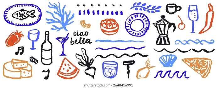 As ilustrações de vetor desenhadas à mão italiana em grunge esboço grosso esboço elementos de estilo. Dolce vita Itália mar férias colorido texturizado giz desenhos estilo carvão para cartaz, cartaz, impressão padrão.