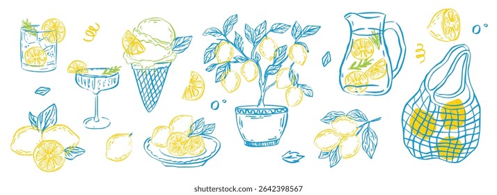 Italian hand sketch of lemons, lemonade, ice cream, slices, and squeezed juice. Mediterranean citrus vibes for summer invites, recipes, picnic prints. Vector  doodle in Italian style