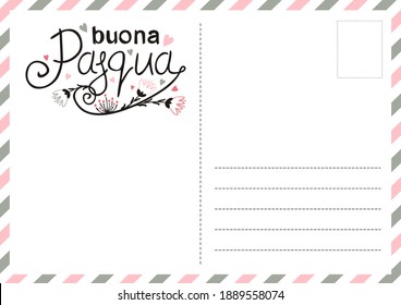 Italian Happy Easter postcard with flowers and hearts. Cute greeting card. Hand drawn airmail envelope. Vector illustration for Italy. Translation: Happy Easter