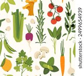 Italian herbs pattern. Seamless print of Mediterranean vegetables and farm plants with basil parsley rosemary chili garlic onion tomato, leafy plants. Vegan food, mix salad ingredients vector texture.