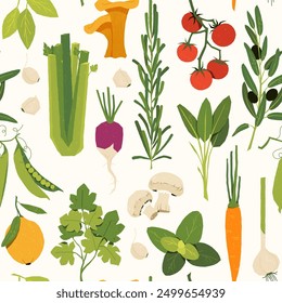 Italian herbs pattern. Seamless print of Mediterranean vegetables and farm plants with basil parsley rosemary chili garlic onion tomato, leafy plants. Vegan food, mix salad ingredients vector texture.