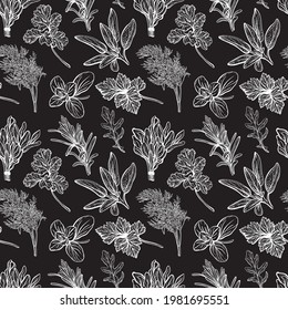 Italian herbs seamless pattern. Provencal condiments and herbs pattern. Mediterranean cuisine. Hand-drawn vector illustration