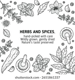 Ervas italianas e especiarias desenhadas à mão ilustração vetorial. Plantas aromáticas. Esboço desenhado à mão. Ilustração vintage. Design do cartão. Estilo do esboço. Especiarias e ervas preto e branco design.
