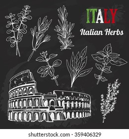 Italian herbs vector set, hand drawn collection of architecture, food, lettering, chalkboard background