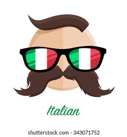 Italian Hipster Man With Flag Glasses And Mustache / Moustache. Vector Illustration.