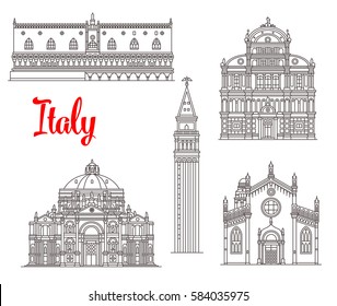 Italian historic buildings and Venice sightseeing. Vector thin line Palazzo Ducale or Doge Palace, San Zaccaria and Madonna dell Orto church, St Mark Campanile tower, Mary of Health basilica