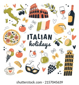 Italian Holidays icons set. Vector cartoon illustration in modern doodle style of Italian symbols: Colosseum, wine, Leaning Tower of Pisa, olives, pizza, food, coffee, and wine. Isolated on white