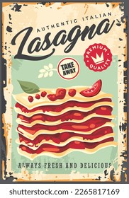 Italian homemade lasagna with bolognese tomato sauce. Food retro sign decor for kitchen or restaurant. Pasta vector illustration.