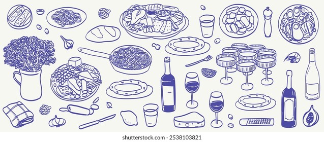 Desenho italiano de massa caseira. Jantar em família, piquenique, café da manhã ou jantar com vinho, champanhe e lanches. Tabela Dolce Vita definindo desenhos para convites de casamento, design de menus de café ou restaurante.