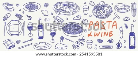 Italian homemade pasta retro vintage doodle drawing. Family dinner, picnic, breakfast or supper with wine, macaroni and snacks. Dolce vita table setting drawings for cafe or restaurant menus design.