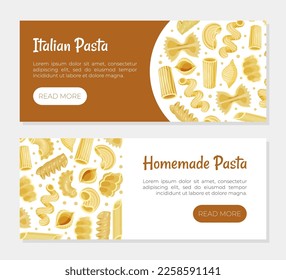 Italian homemade pasta web banner templates set. Traditional product of Italian cuisine website, landing page design cartoon vector