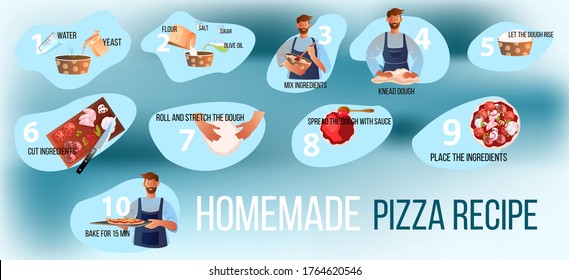Italian homemade pizza cooking instructions with ingredients, bearded chef, apron, dough, yeast. Culinary vector illustration in flat style and blue colors with smiling man, flour, cutting board
