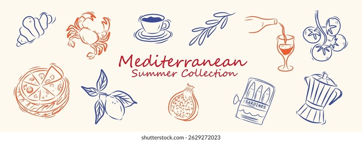 Italian homemade retro vintage doodle drawing. Family dinner, picnic, breakfast, wine, coffee, mediterranean summer food. Dolce vita line art drawings for cafe or restaurant menus. Abstract whimsical