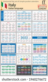 Italian horizontal Big set of pocket calendars for 2022 (two thousand twenty two). Week starts Sunday. New year. Color simple design. Vector